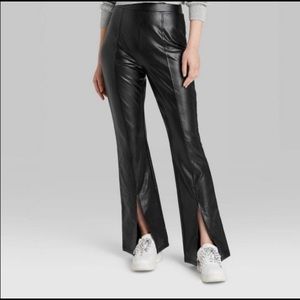 Black Flare Faux Leather Pants With Slit